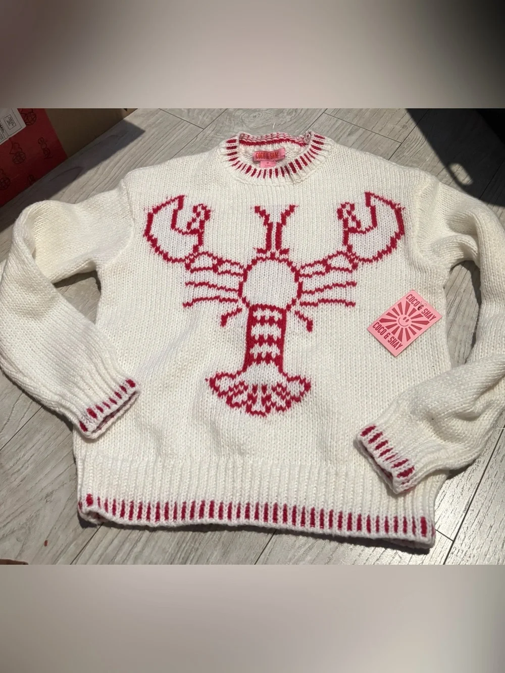 Coco & Shay Cream Sweater with Pink Red Lobster Motif